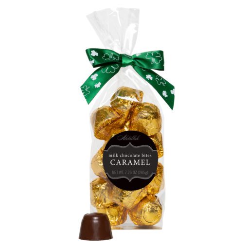 St. Patrick's Day Milk Chocolate Caramel Bites in clear bag with Three Leaf Clover Bow