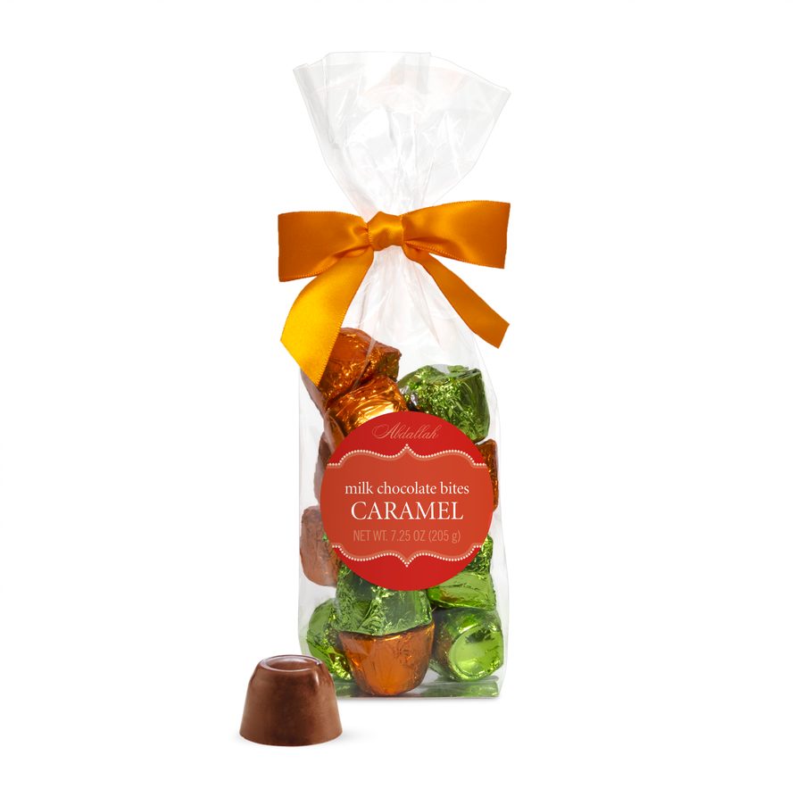 Milk Chocolate Caramel Bites in Clear bag with Orange Bow