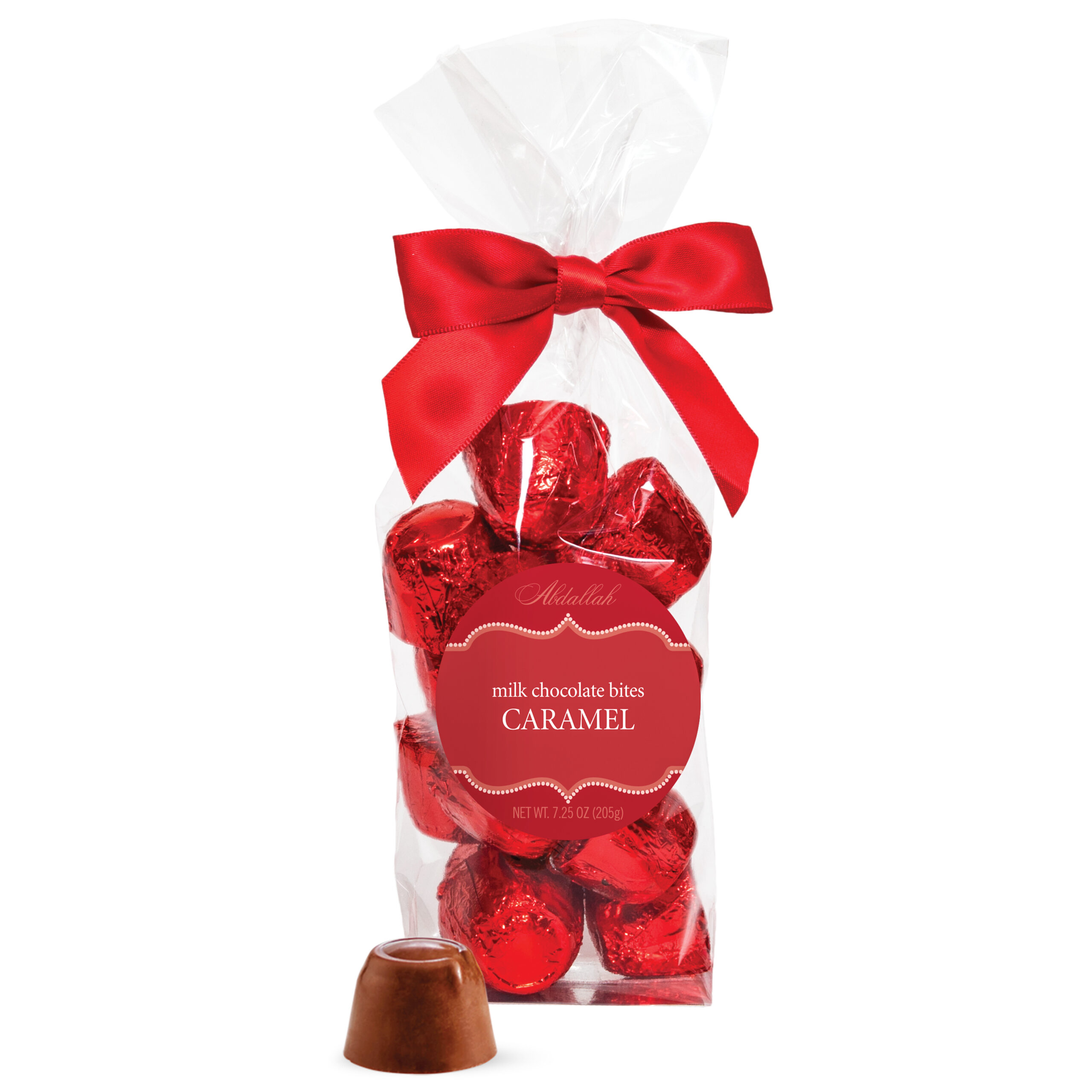 Milk Chocolate Caramel Bites bag of chocolates with red ribbon