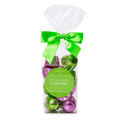 Milk Chocolate Caramel Bites in Clear bag with green bow