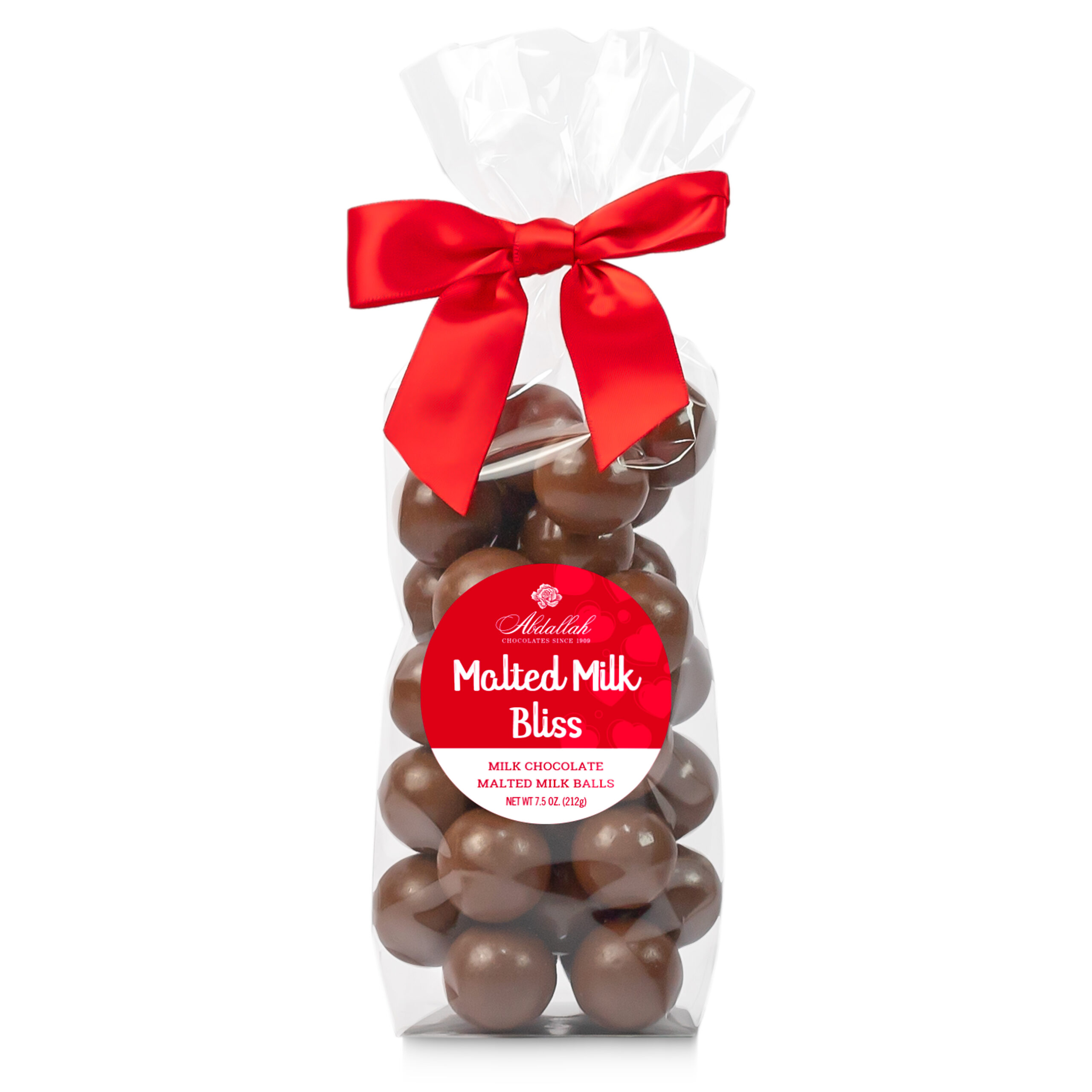 Malted Milk Bliss bag of chocolates with red ribbon